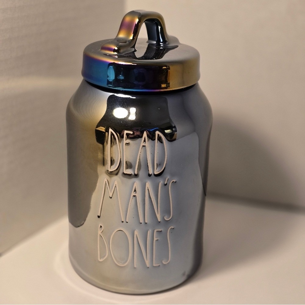 Rae Dunn Iridescent Black Ceramic Canister DEAD MAN'S BONES
